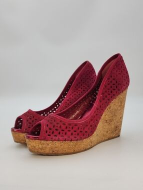 Jimmy Choo Papina Berry Wine Perforated Suede Cork Wedge Sandals Peep Toe Sz 40